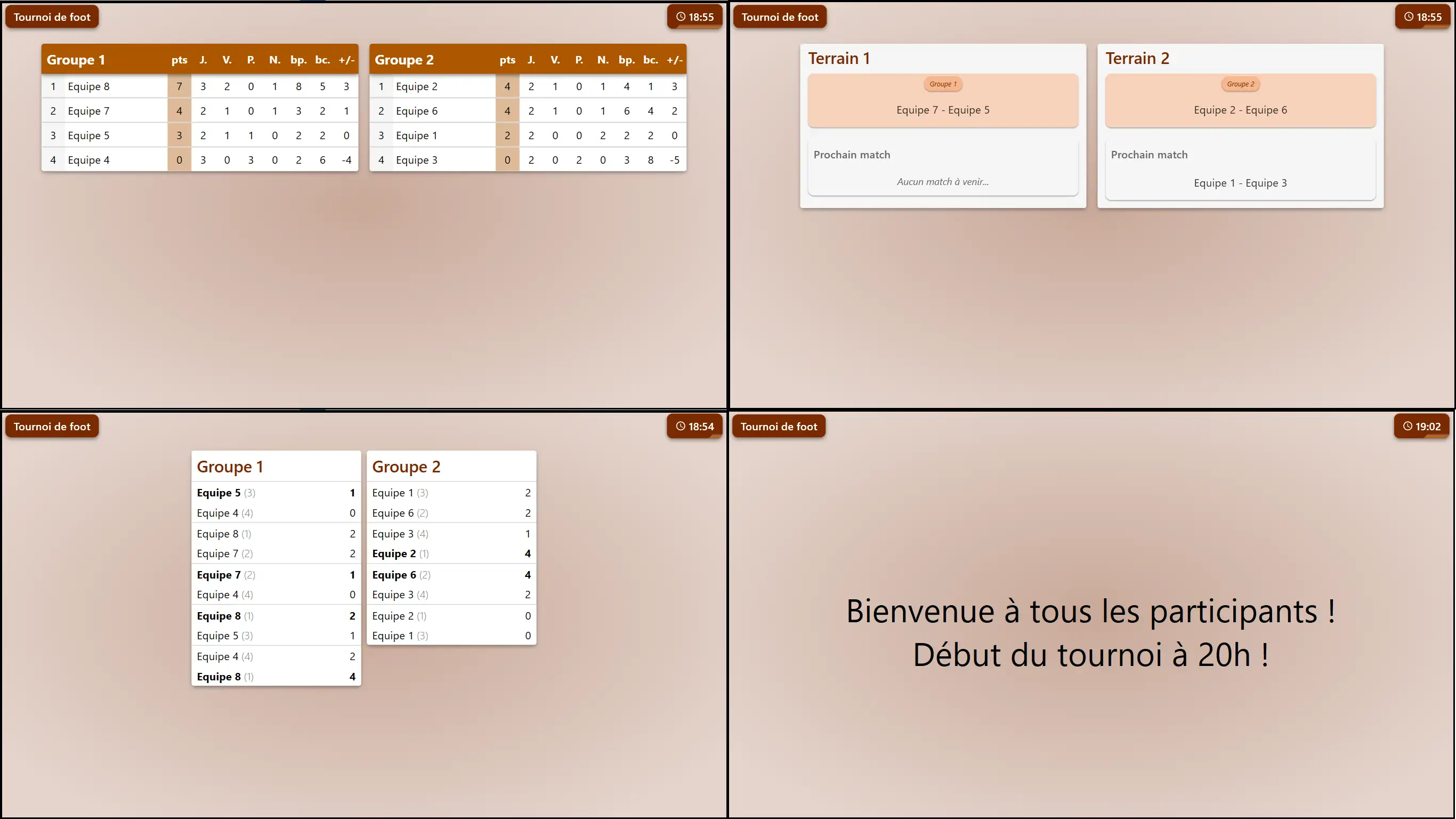 Affichage des données du tournoi sur un écran externe pour informer les participants