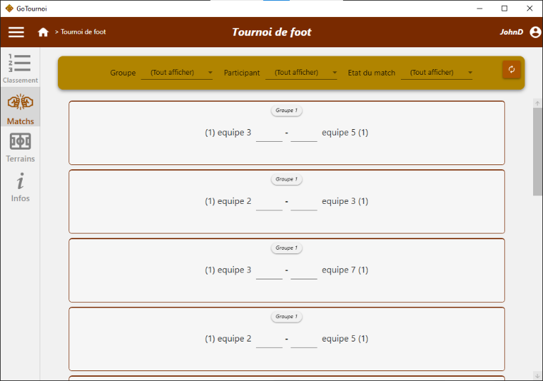 Saisie des résultats dans le logiciel de gestion de tournoi GoTournoi